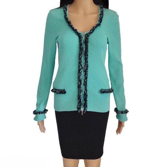 Cache Aqua Black Fringe Ribbed Zip Cardigan Sweater 6 S M - Picture 2 of 9